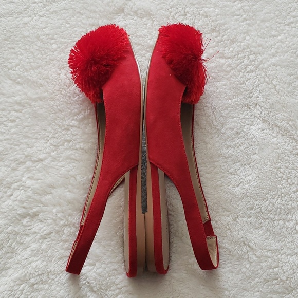Red Suede Sling Back Pom Pom Flats - Picture 4 of 5